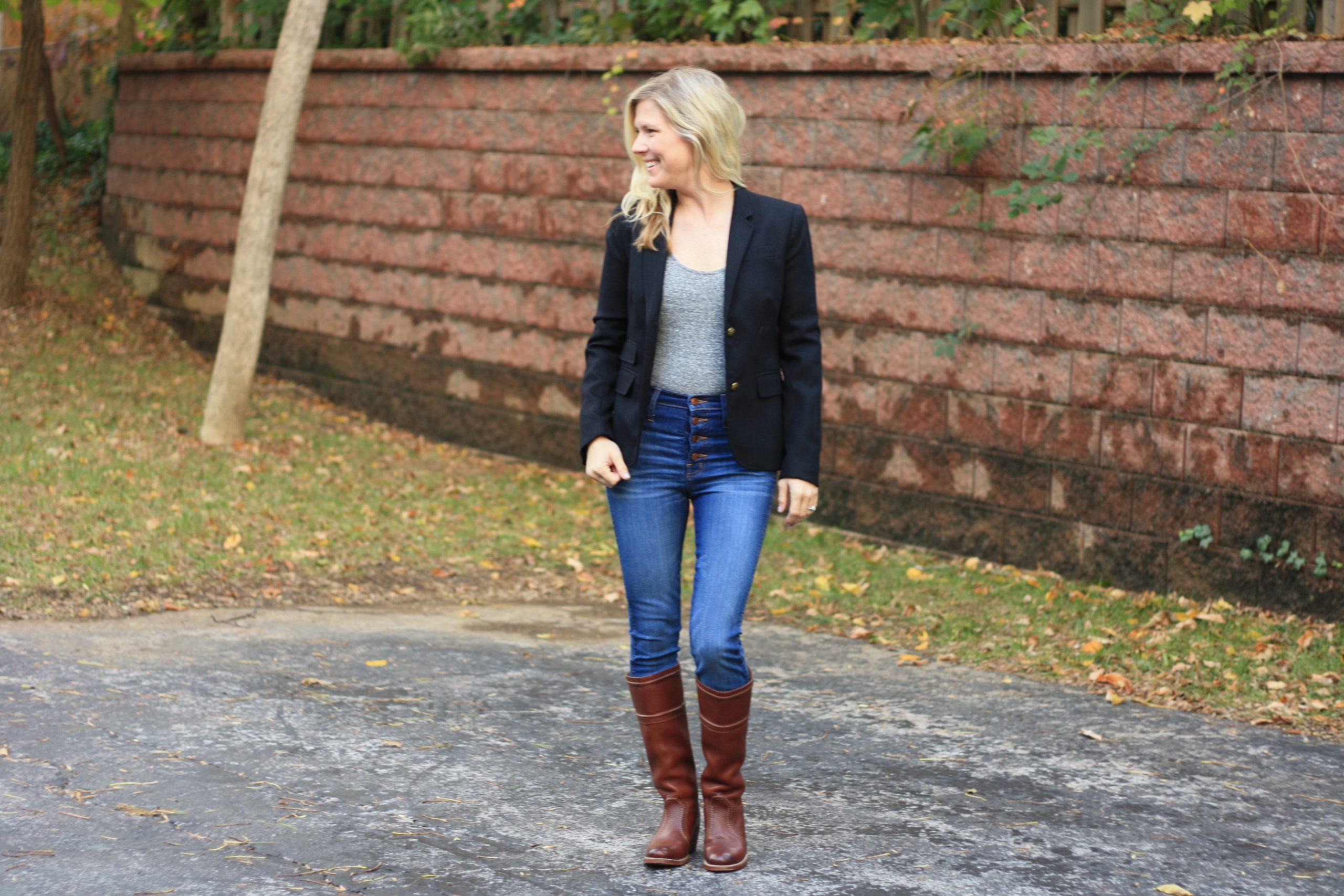 Madewell bodysuit featured by top US fashion blogger, Emmy Lou Styles: image of a woman wearing a grey Madewell bodysuit, J Crew blazer and leather boots