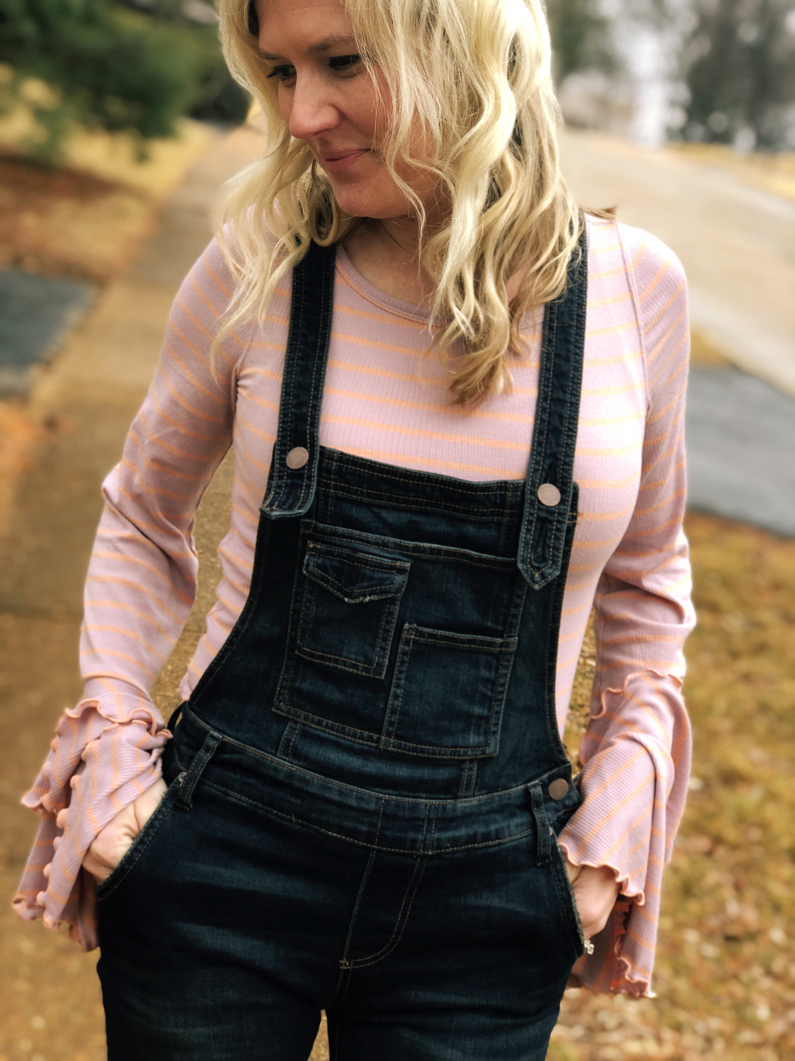 stripe bell sleeve top and overalls  | How to style Free People Overalls featured by top Missouri fashion blogger, Emmy Lou Styles: with a striped top