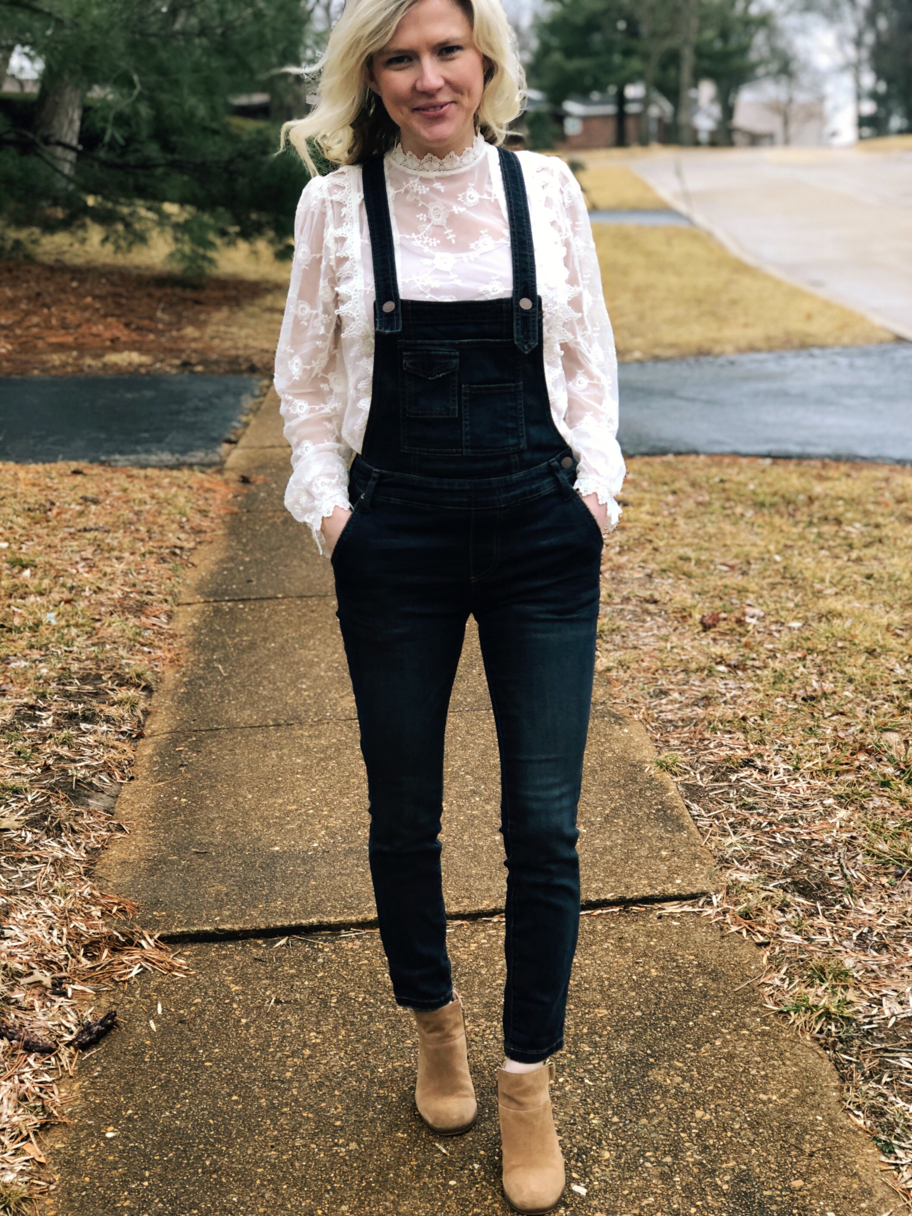 free people denim overalls brady wash  | How to style Free People Overalls featured by top Missouri fashion blogger, Emmy Lou Styles: with lace