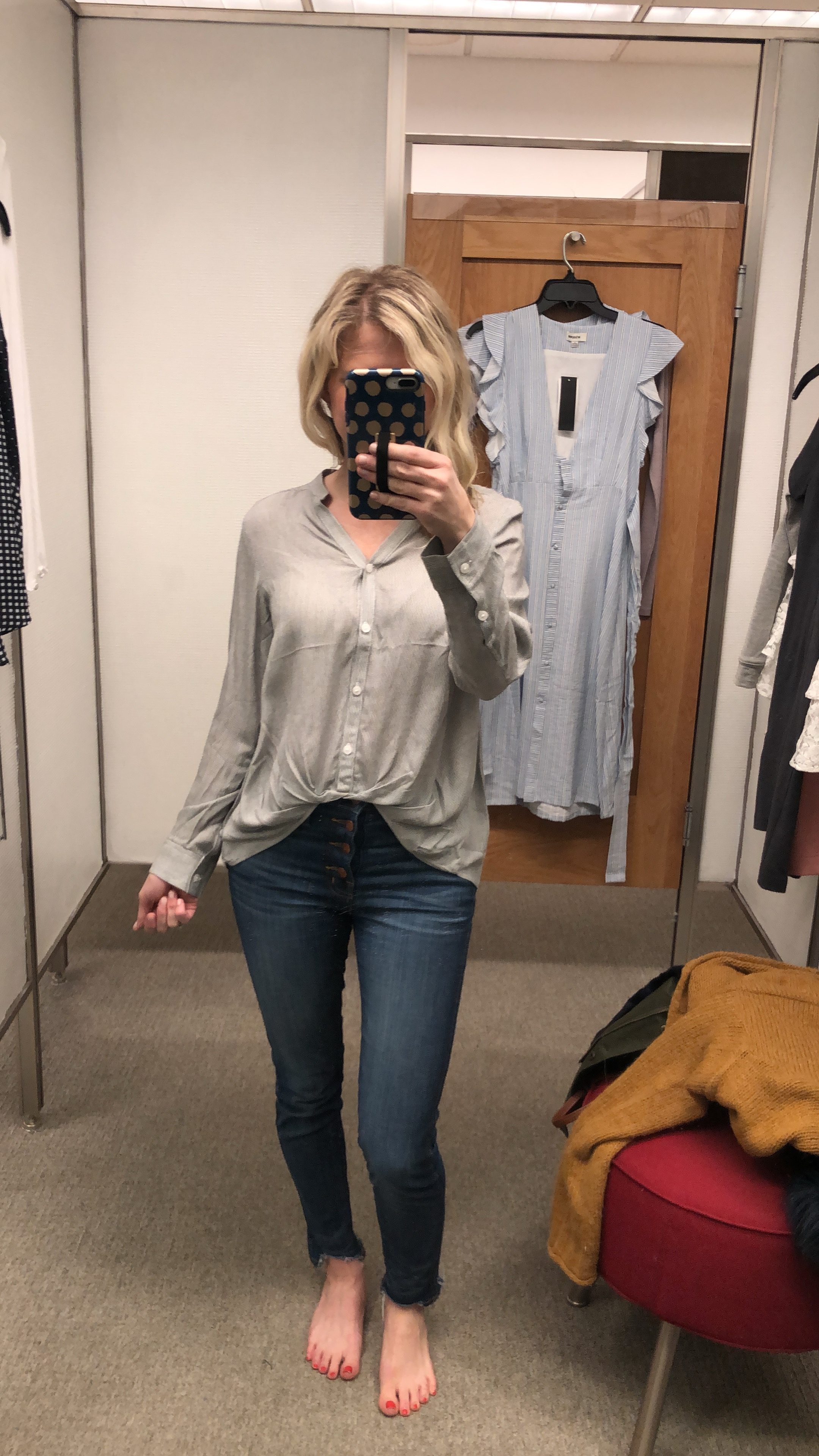 Nordstrom Try on Session featured by top Missouri fashion blogger, Emmy Lou Style: image of a woman wearing a twisted button down shirt