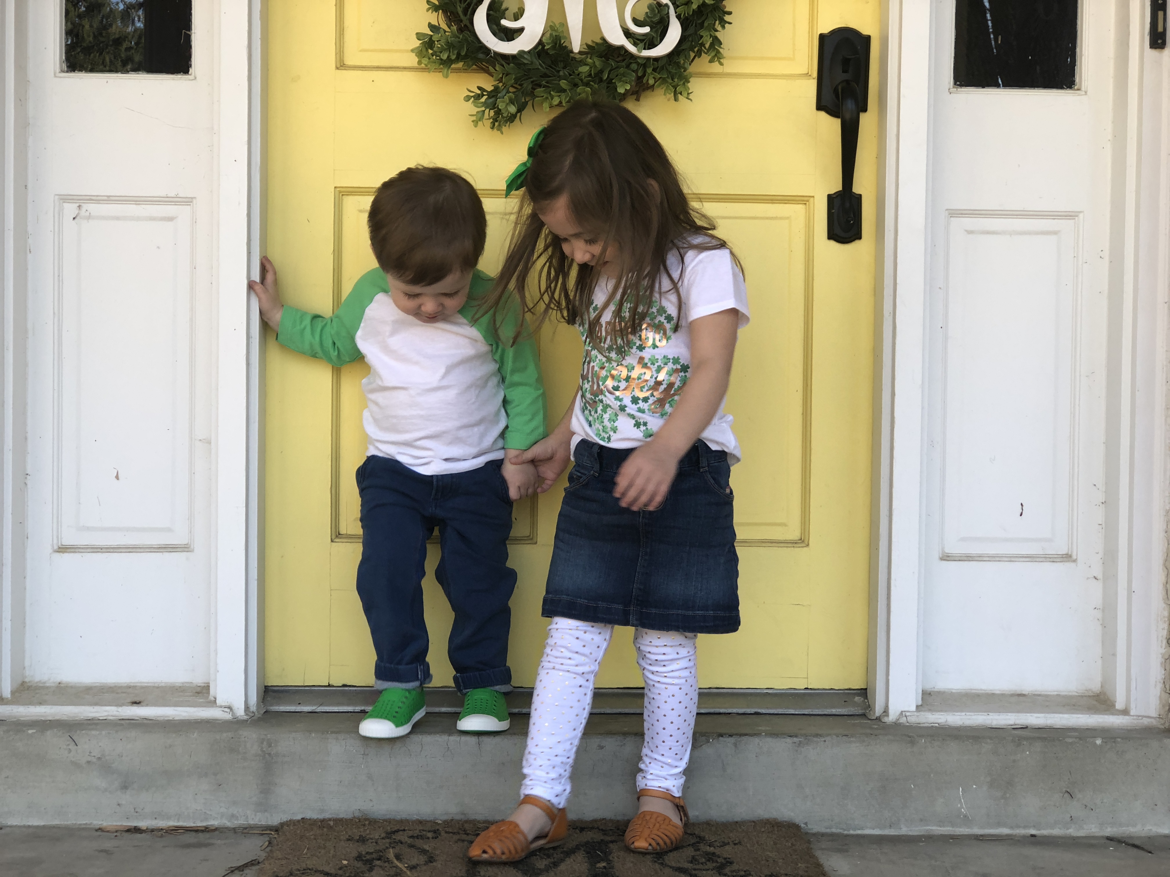 toddler boy and girl clothing | Toddler basics featured by top US fashion blogger, Emmy Lou Styles: image of toddlers wearing Old Navy baseball tee, and Old Navy toddler leggings, Old Navy graphic tee, Old Navy denim skirt