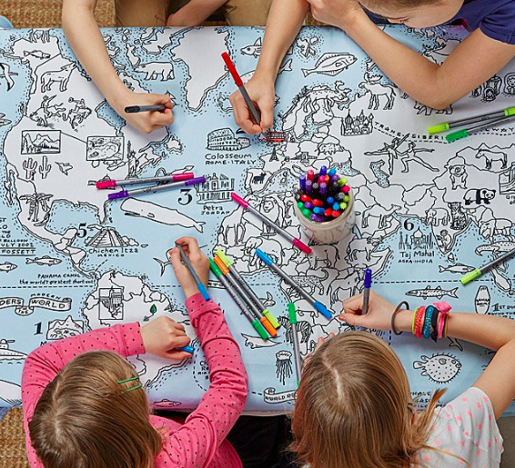 A World Map Coloring Tablecloth makes a great unique gift for kids
