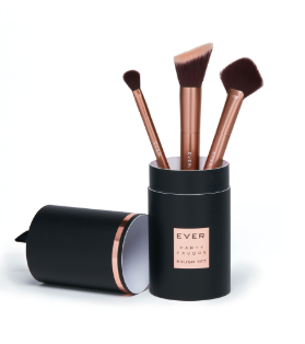 The Ever Skin Brush Set in rose gold includes an eyeshadow brush and two cheek brushes.