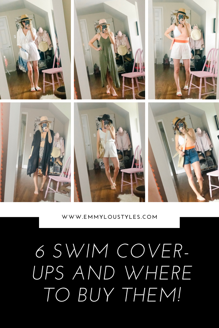 6 Swim Cover Ups to check out. Images of woman showing 6 different swim coverups with links to where to purchase.