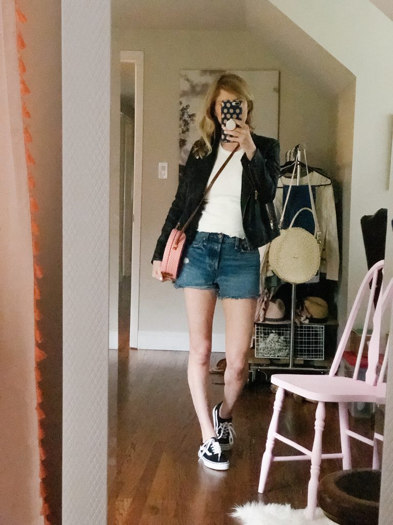 how to style denim shorts with a moto jacket