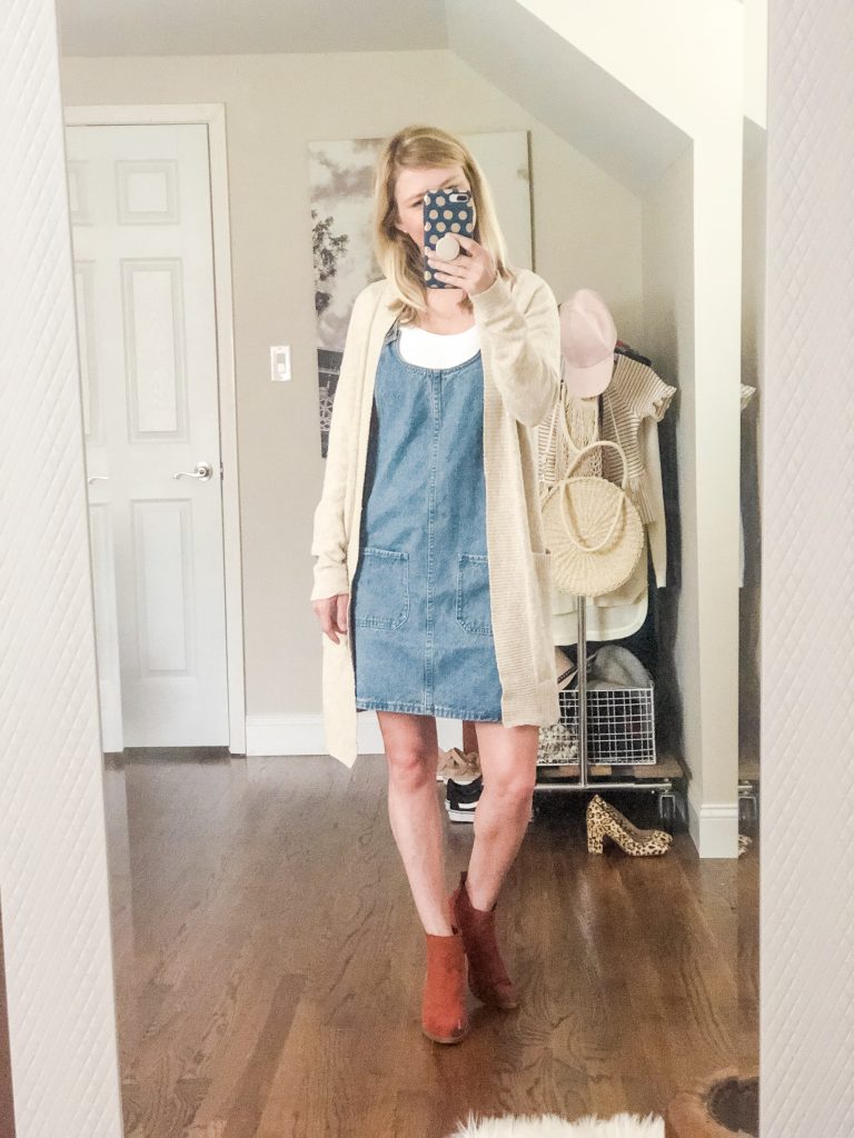 Amazon Denim Jumper Dress with long cardigan and booties; Emily from Emmy Lou Styles shares how to style this Amazon denim dress for the winter.