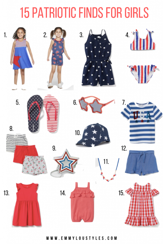Patriotic Girls Clothes; collage image featuring various red, white and blue little girl clothing items and accessories for memorial day and fourth of july