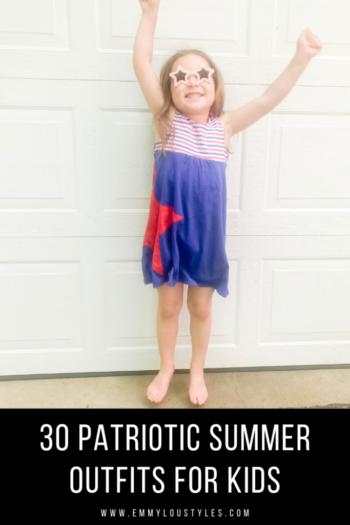 30 Patriotic Outfits for Kids; little girl wearing blue dress with patriotic red star on it and star sunglasses