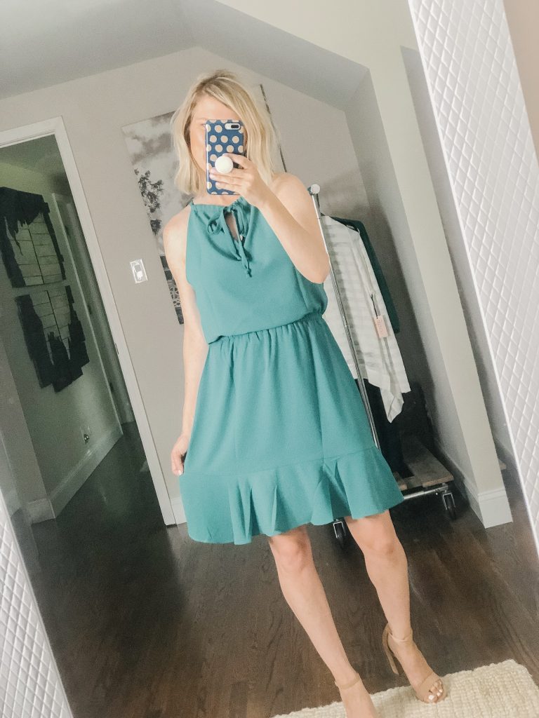 Emerald green sleeveless ruffle dress from Gibson Look collection available at Nordstrom