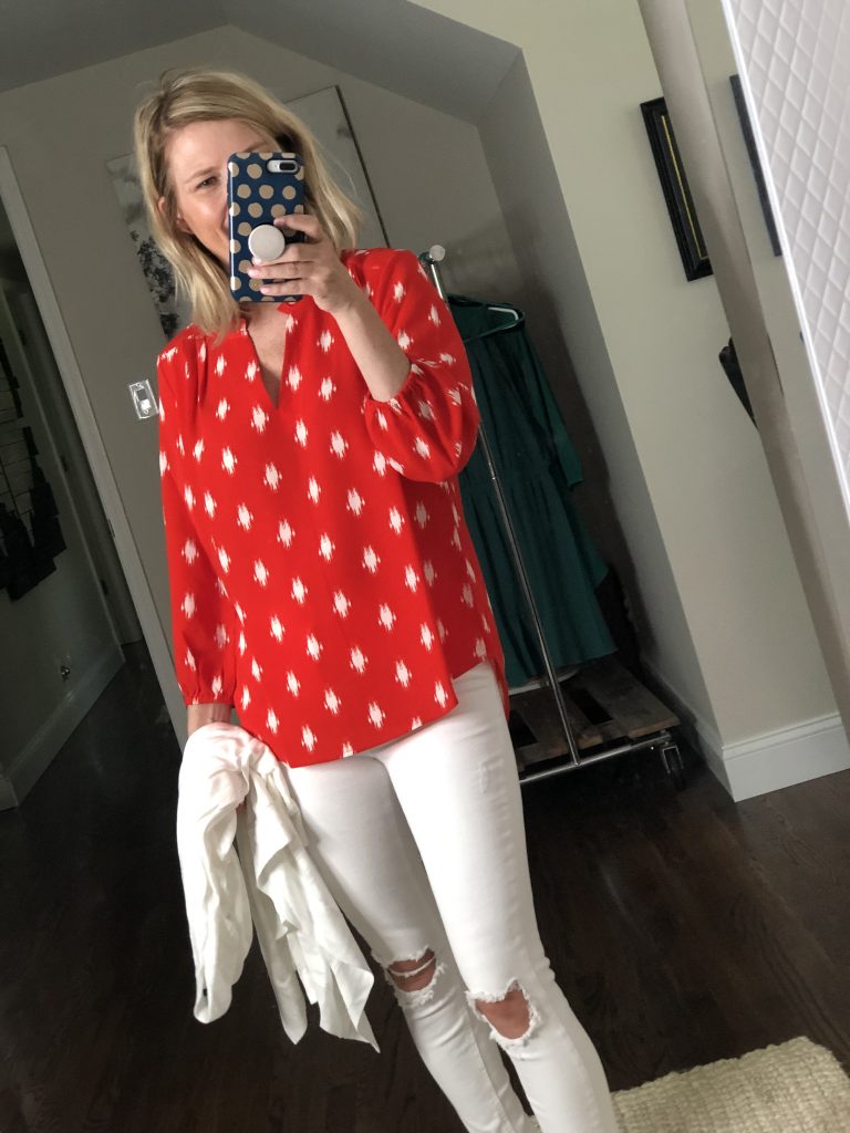Red long sleeve blouse with white design from Gibson Look collection at Nordstrom